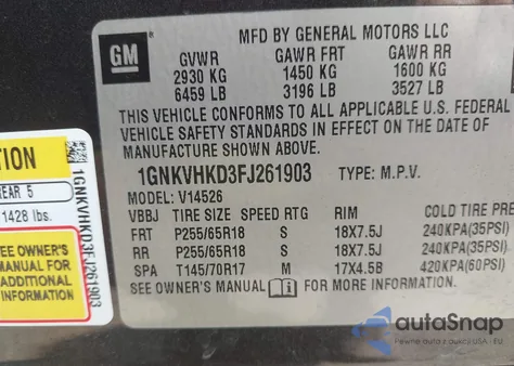 2015 Chevrolet Traverse 2Lt from USA, damaged, VIN 1GNKVHKD3FJ261903